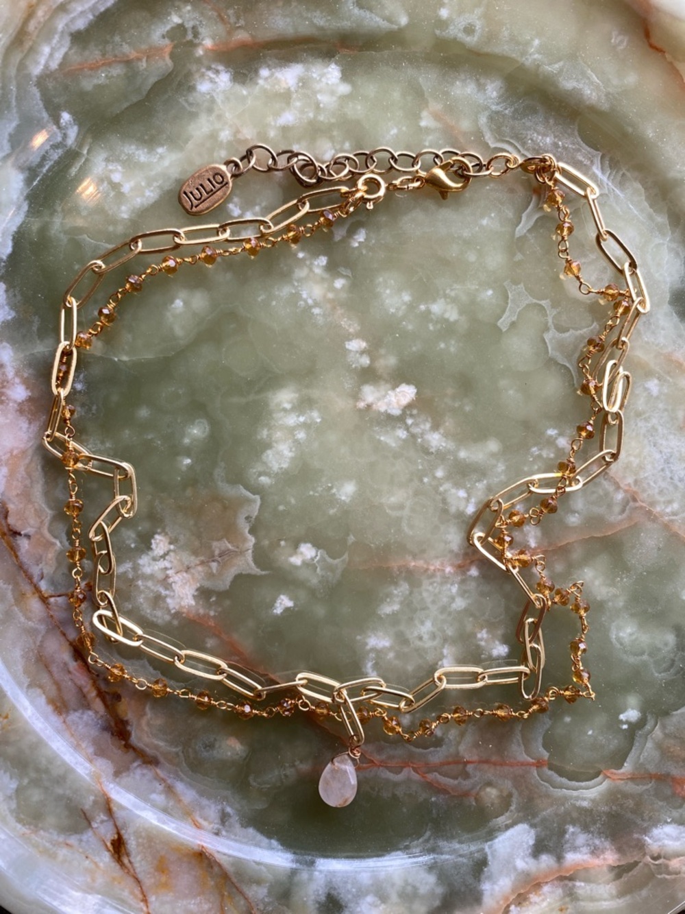 Gold Layered Chain Necklace with Quartz Charm